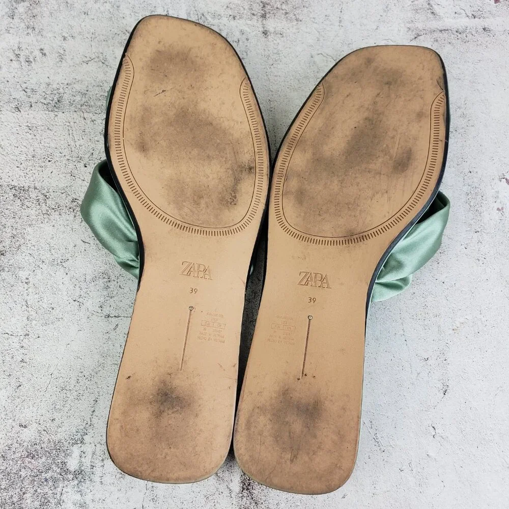 ZARA Knotted Flat Sandals Satin Flip Flops Green Bow Slippers size 39 US 8.5 - Picture 10 of 12